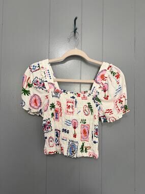 NEW Monteau White Postcard Print Linen Blend Puff Sleeve Smocked Crop Top S